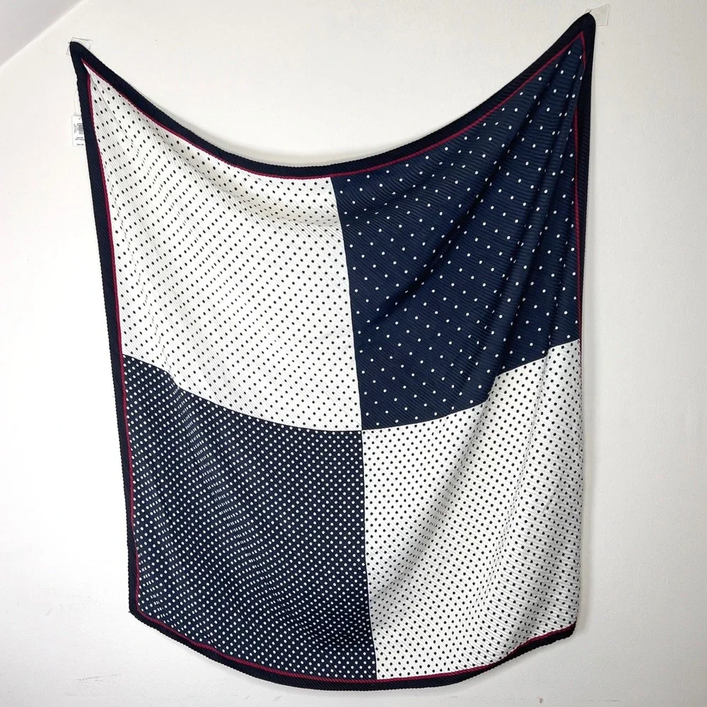 Banana Republic Polka Dot Pleated Scarf Square Navy White Red Coastal Chic NWT